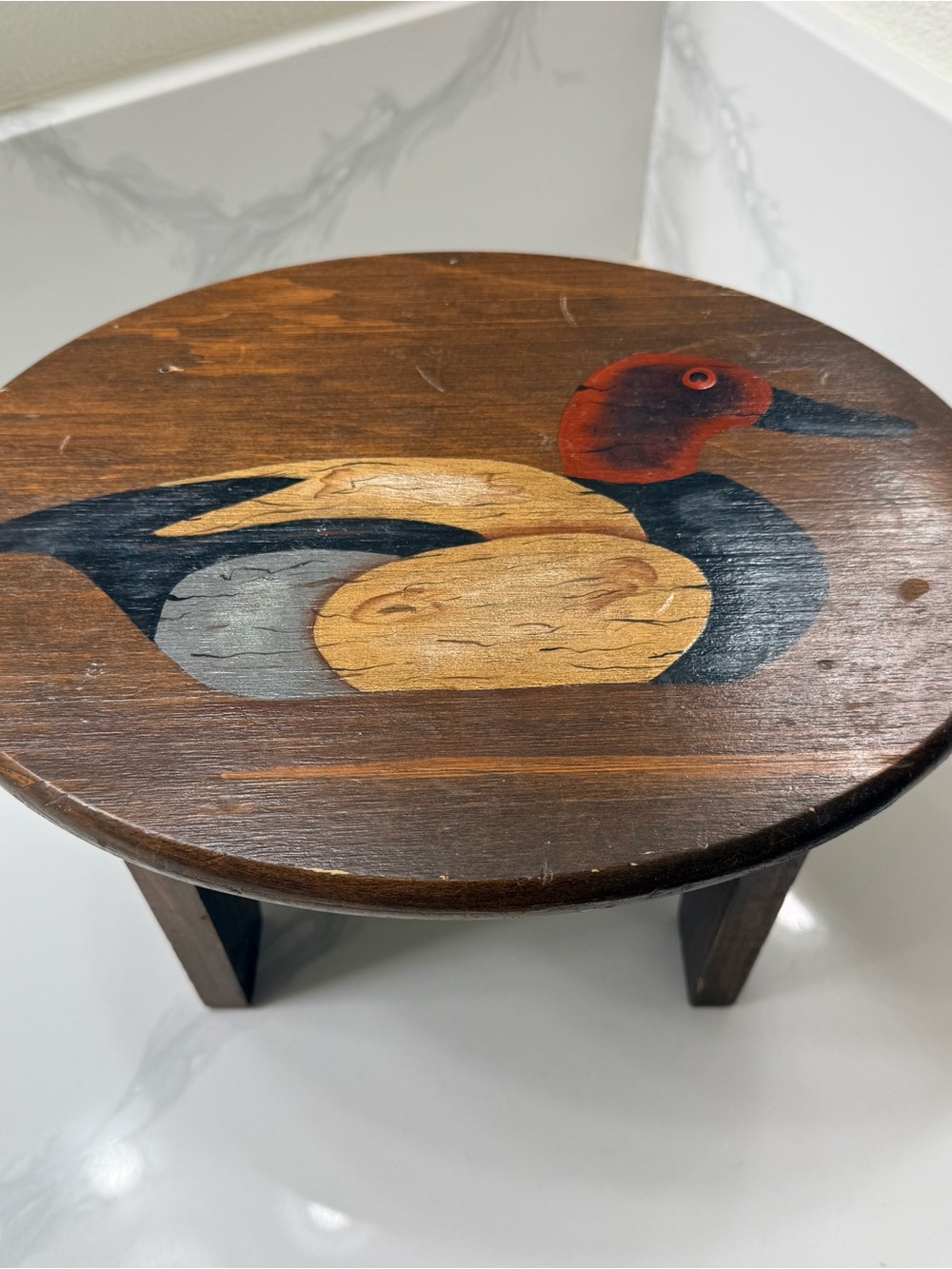 Vintage Hand-Painted Redhead Duck Decorative Foot Stool Hard Wood Rustic Decor
